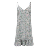 Floral Print Summer Dress Women V Neck Sleeveless Spaghetti-Grey Blue-7