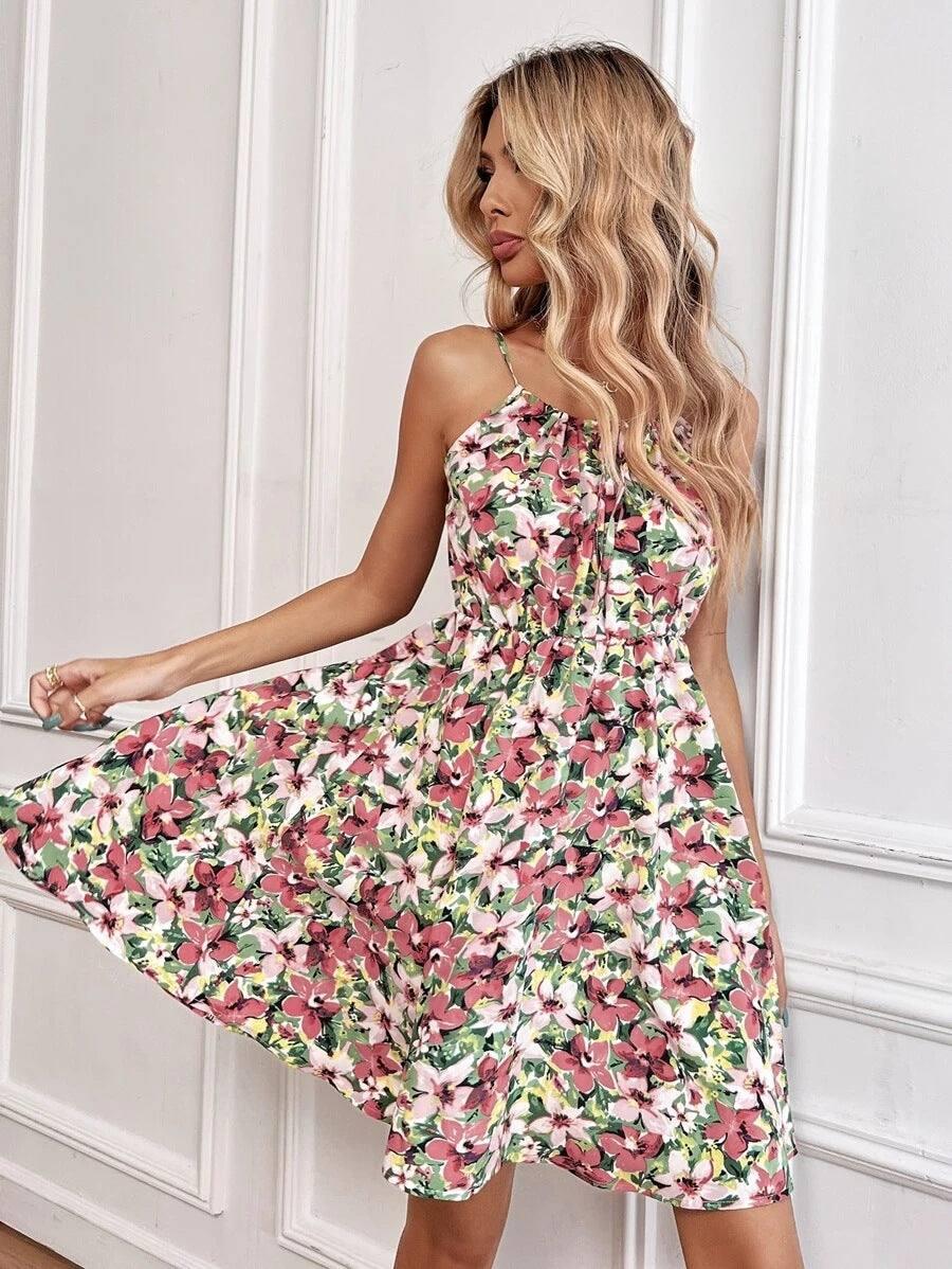 Floral Print Suspender Dress With Elastic Waist Design-2