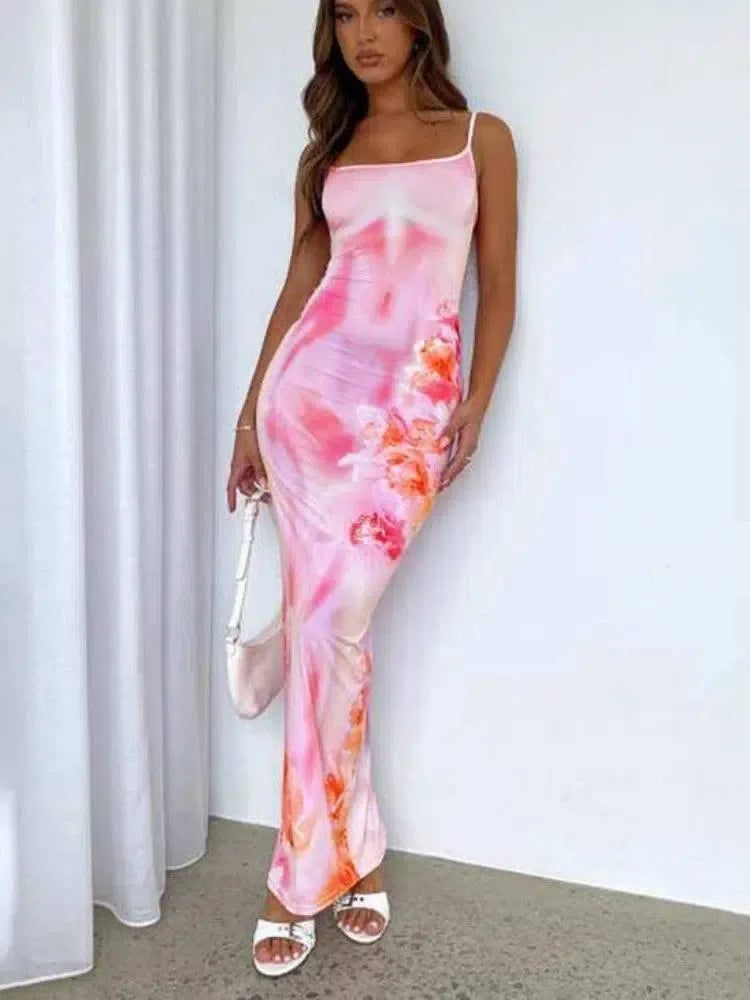 Floral Spaghetti Strap Maxi Dress - Backless Evening-Pink-1