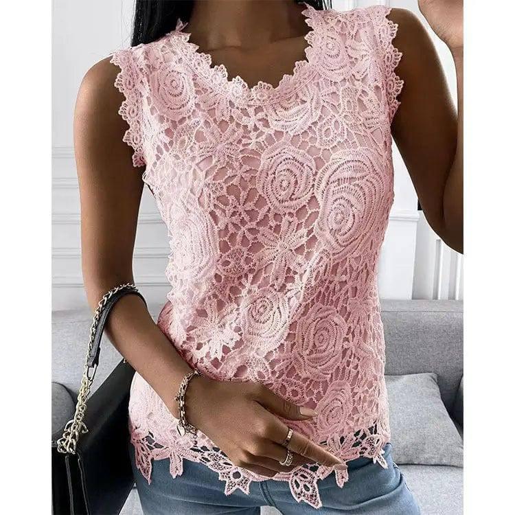 Flowers Lace Vest Women Summer Tops S-5XL-Pink-2