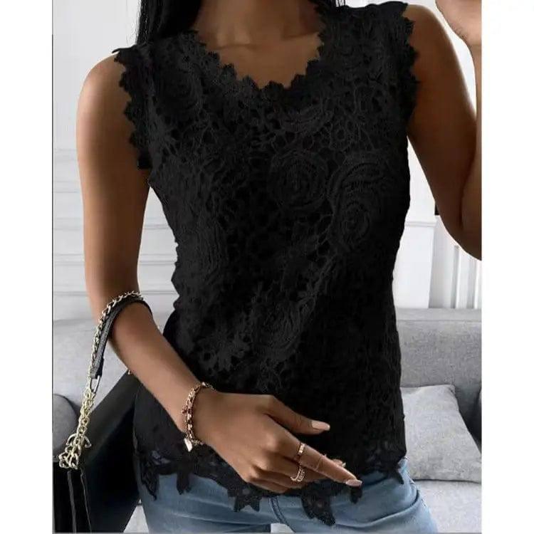 Flowers Lace Vest Women Summer Tops S-5XL-Black-3