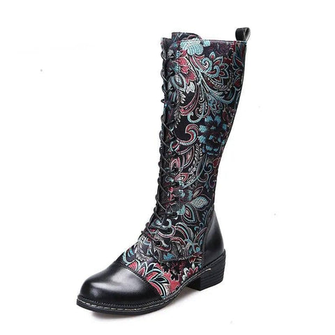 Flowers Print Long Boots WInter Retro Ethnic Style Shoes-Black-6