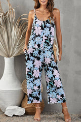 Flowers Print Suspender Jumpsuit With Pockets Spring Summer-Light Green-2