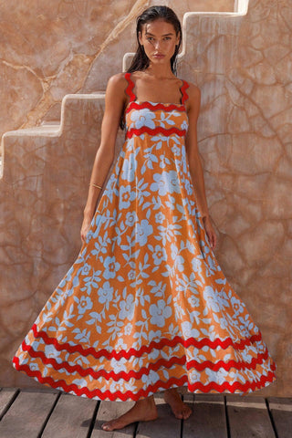 Flowers Print Wavy Pattern Suspender Long Dress For Women-Orange-1