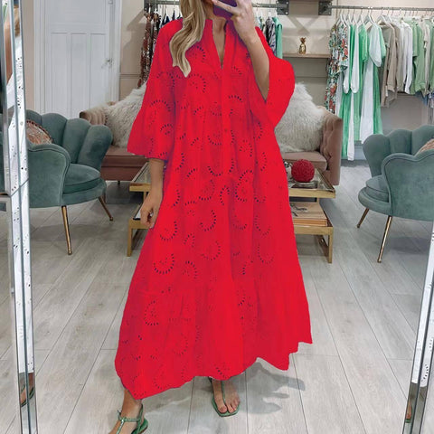 French Style V-neck Bell Sleeve Lace Hollow Out Solid Color-Bright Red-12