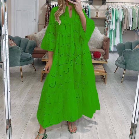 French Style V-neck Bell Sleeve Lace Hollow Out Solid Color-Green-7