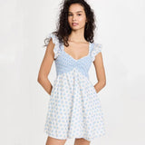French Vacation Style Small Blue Flowers Elastic Loose Dress-1