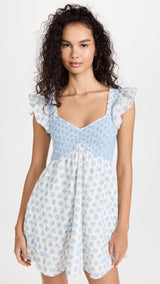 French Vacation Style Small Blue Flowers Elastic Loose Dress-3