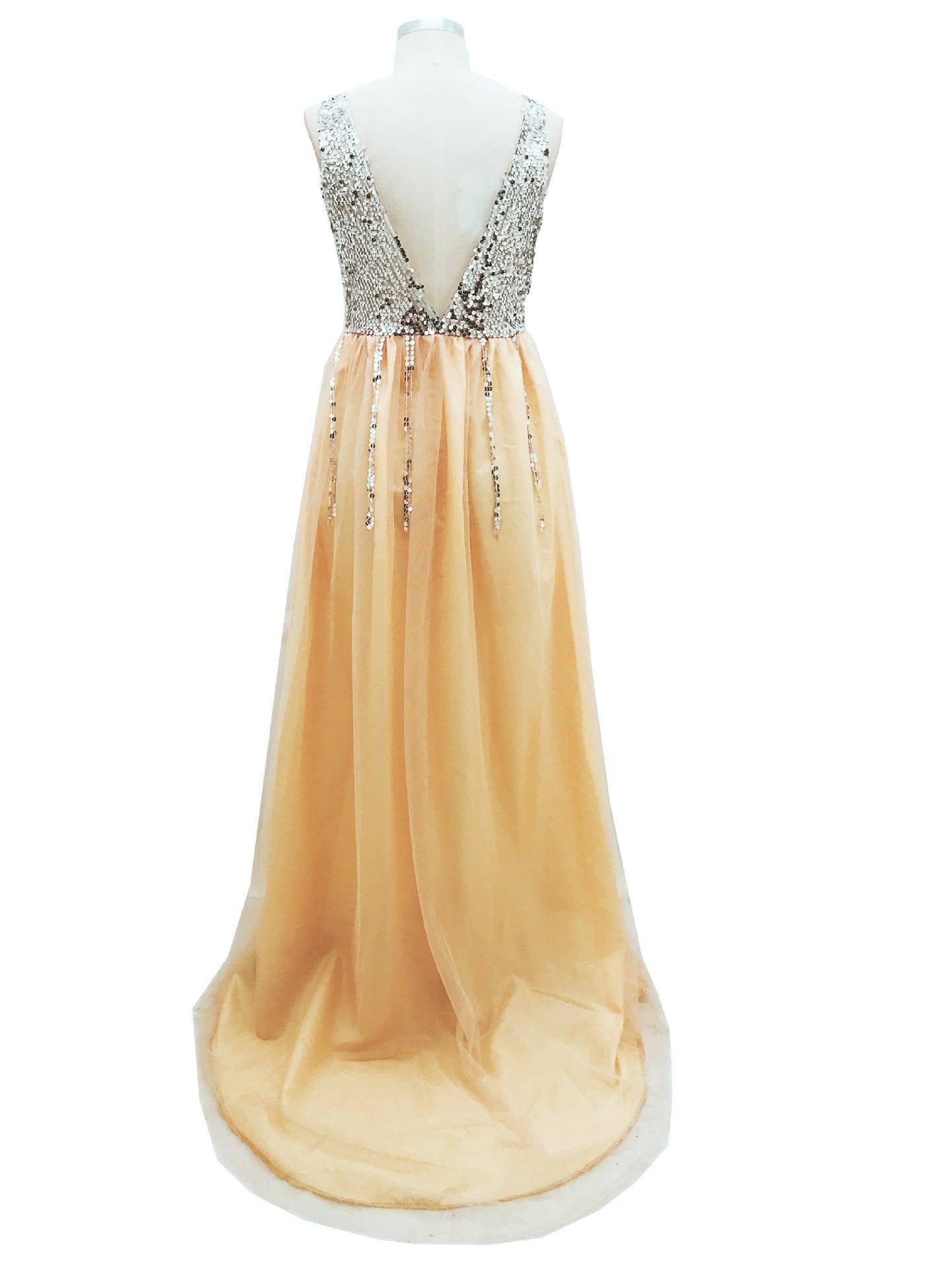 Front And Back V-neck Sequined Floor-length Dovetail Dress-6