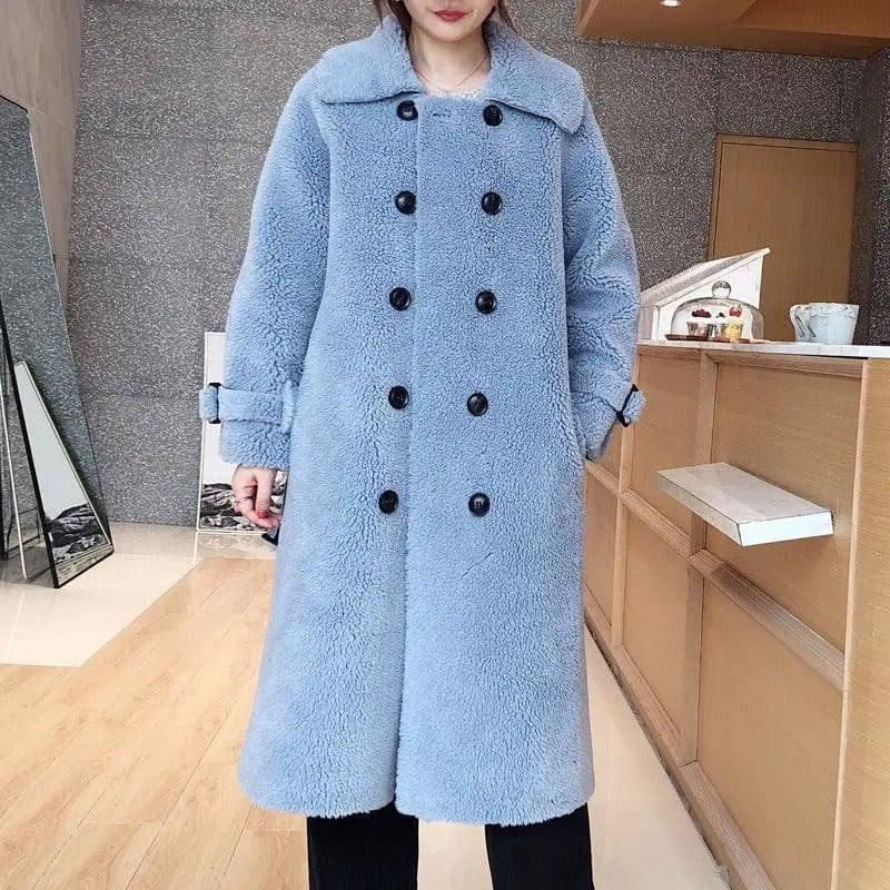 Fur Coat Women's Sheep Shearling Medium And Long Dream Grain-LightBlue-3