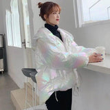 Glossy Short Colorful Cotton Jacket Laser Bread-White-1