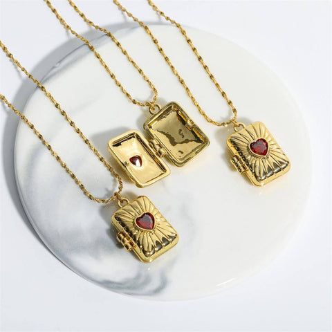 Gold Locket Necklaces with Red Gem Accents-1