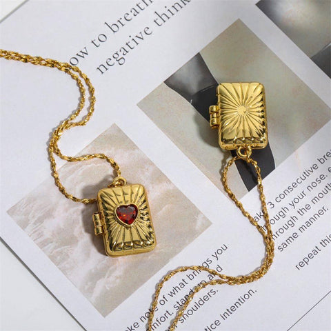 Gold Locket Necklaces with Red Gem Accents-4
