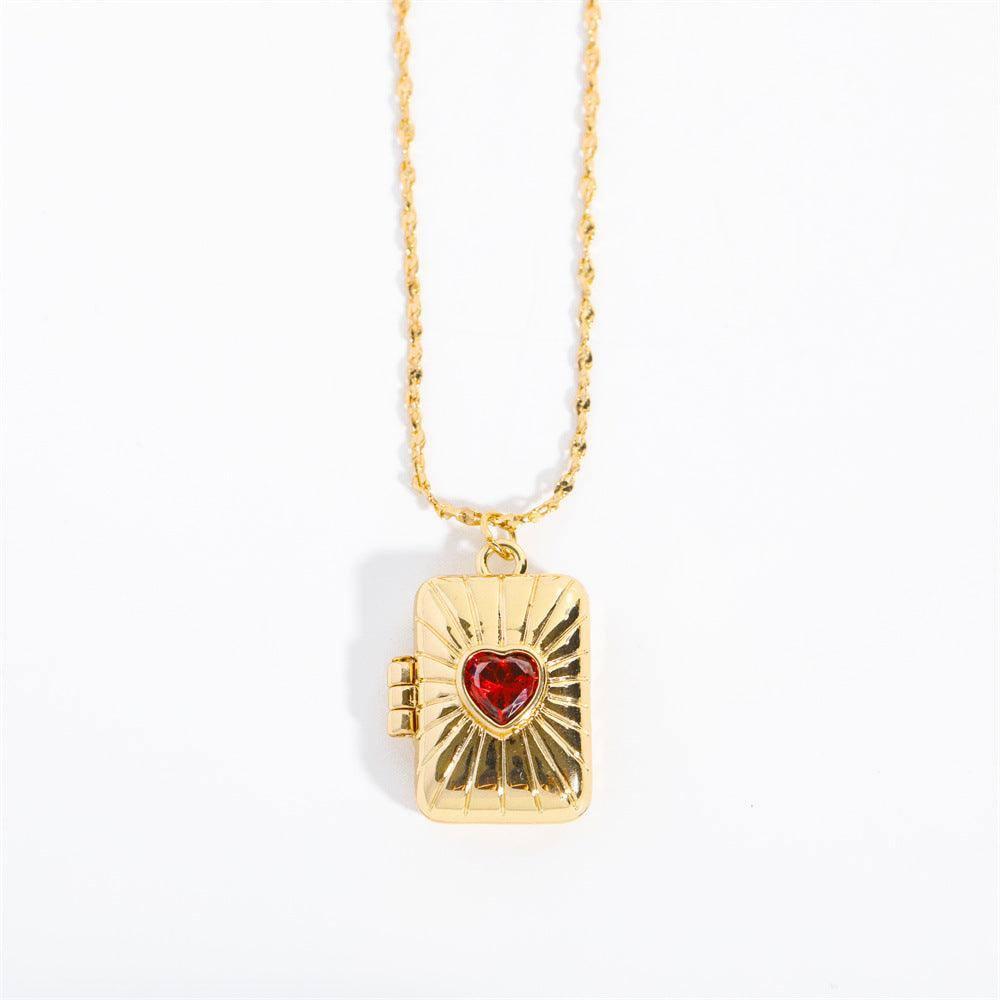 Gold Locket Necklaces with Red Gem Accents-Gold-8