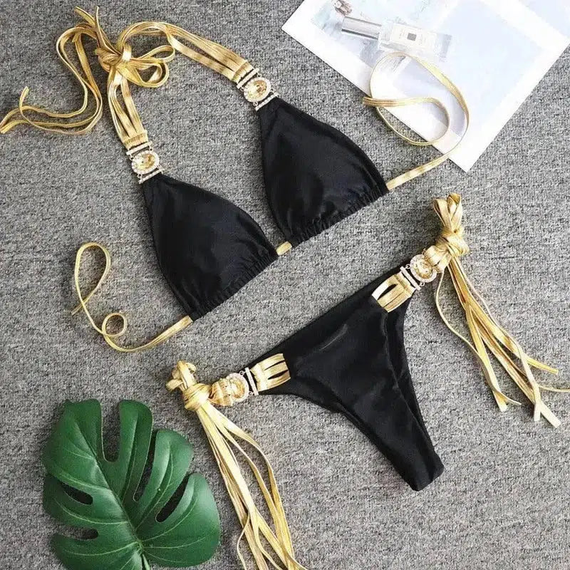 Golden Tassel Backless Bikini Crystal Diamond-Black-2