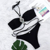 Halter Strap Female Split Swimsuit Crystal Bikini-Black-2