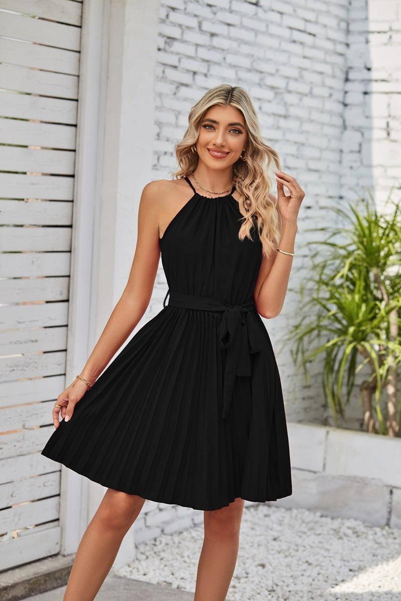 Halter Strapless Dresses For Women Solid Pleated Skirt-Black-2