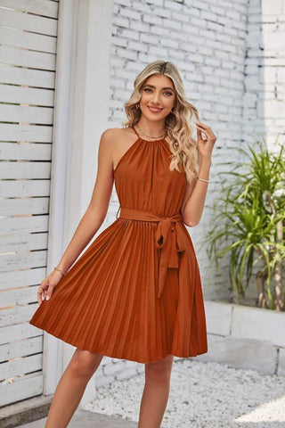 Halter Strapless Dresses For Women Solid Pleated Skirt-Chocolate-4