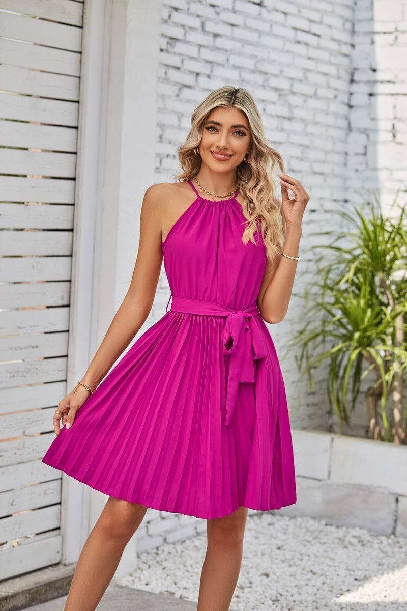 Halter Strapless Dresses For Women Solid Pleated Skirt-Rose-5