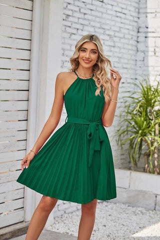 Halter Strapless Dresses For Women Solid Pleated Skirt-Green-6