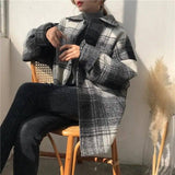 Harajuku Style Women's Mid-length Loose Plaid Woolen Coat-Blackandwhite-1