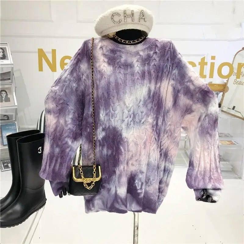 High street retro tie-dye sweater women-Purple-6