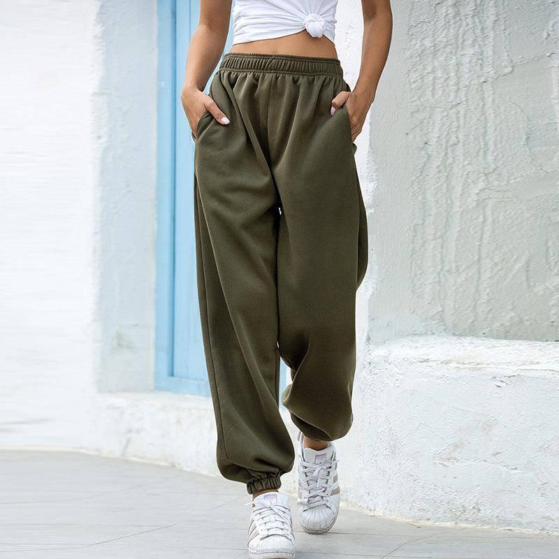 High waist casual track pants-Green-4