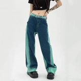 High Waist Loose Straight Contrast Jeans-1