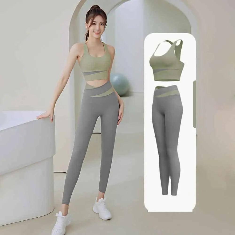 High Waist Yoga Set Lady Gym Suit Sport Set Shockproof Sport-Green-1