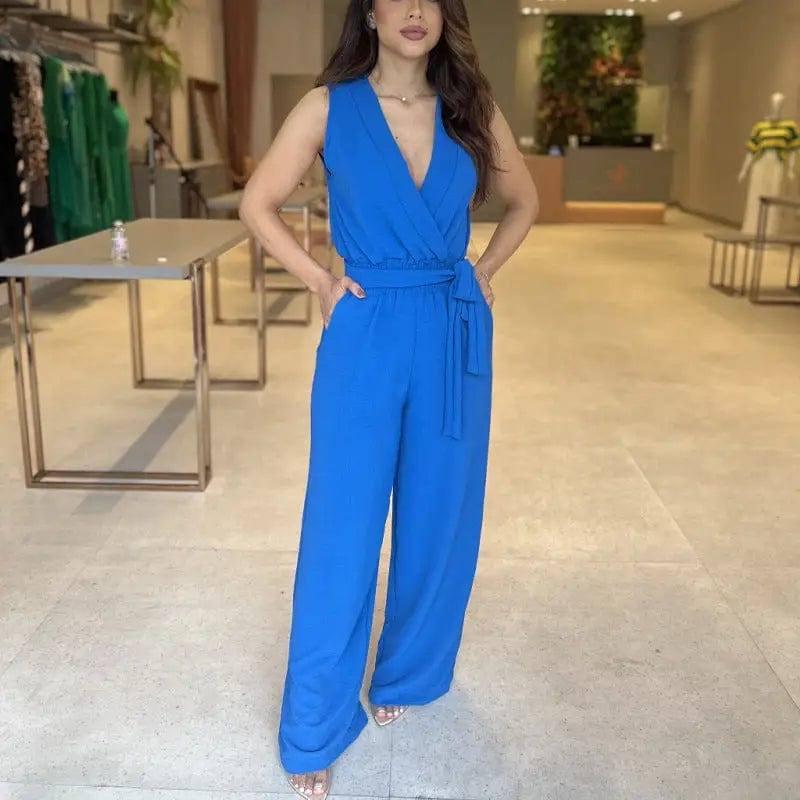 High Waisted Loose Fitting Wide Leg Women's Jumpsuit-Blue-7