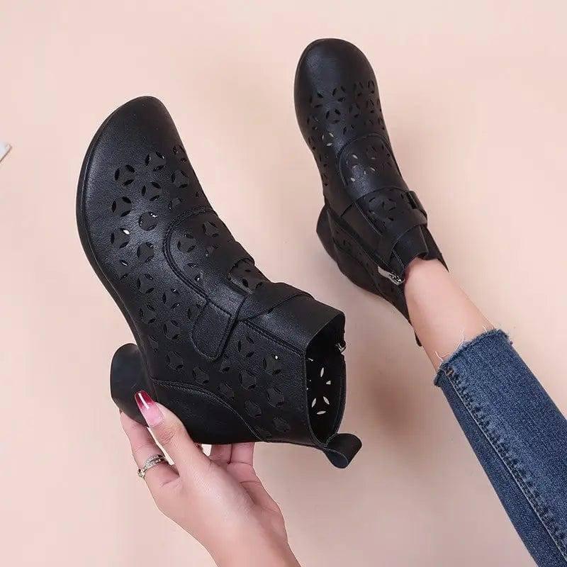 Hollow Out Boots Women Retro Style Side Zip Mid Heels Shoes-Black-8