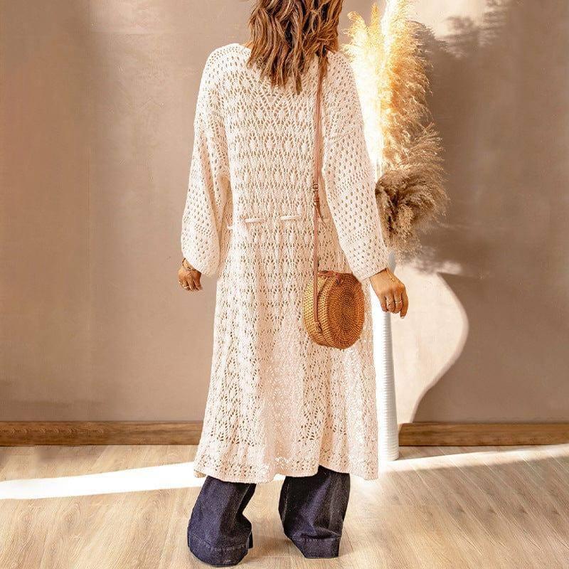 Hollow-out Solid Color Loose Loose Knitted Cardigan Coat-Apricot-2
