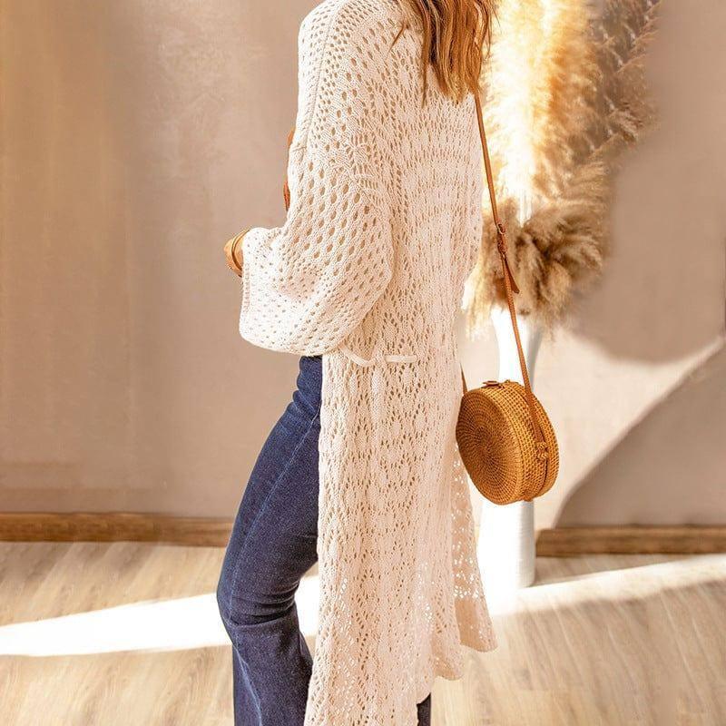 Hollow-out Solid Color Loose Loose Knitted Cardigan Coat-Apricot-3