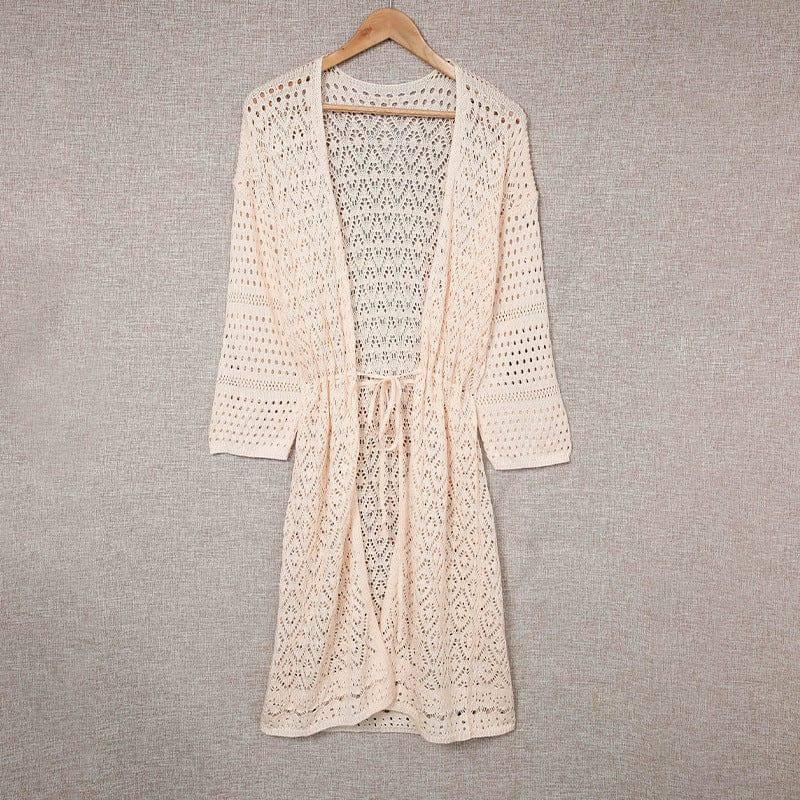 Hollow-out Solid Color Loose Loose Knitted Cardigan Coat-Apricot-5