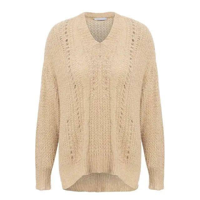 Hollow pullover sweater knit sweater-Apricot-7