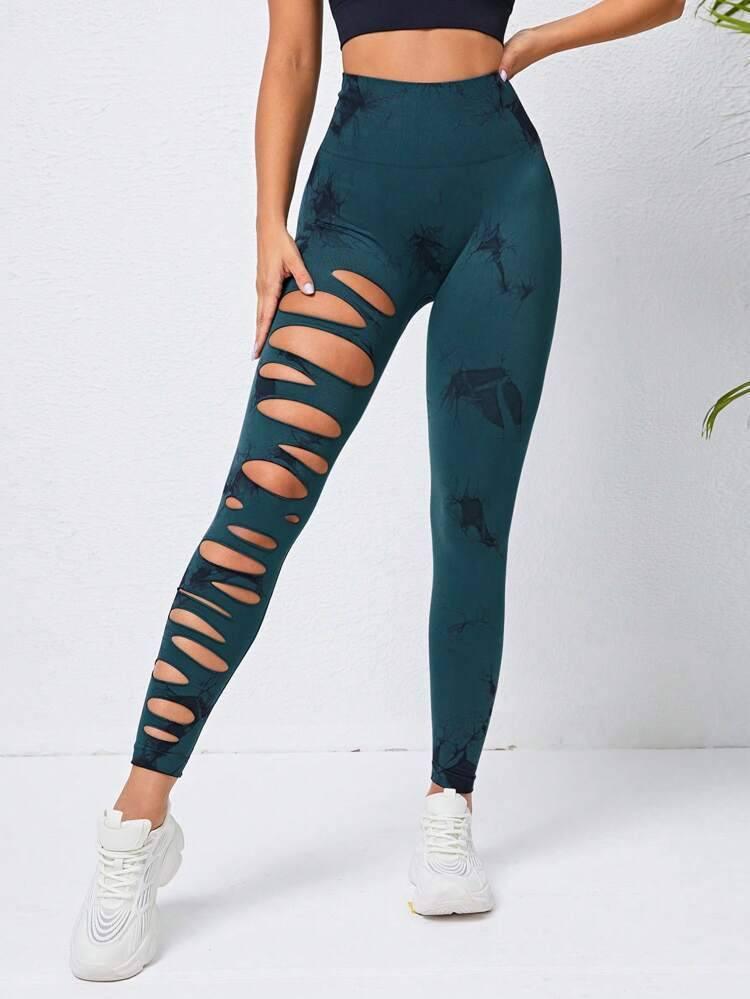 Hollow Tie-dye Yoga Pants High Waist Hip Lift Fitness Pants-Tie Dyed Dark Green-16