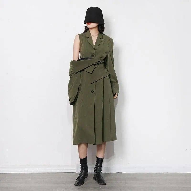 Irregular-panel Single-breasted Lapel Long Coat-10