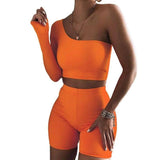 Kliou Solid Asymmetrical Two Piece Sets Women Tracksuit Crop-Orange-3