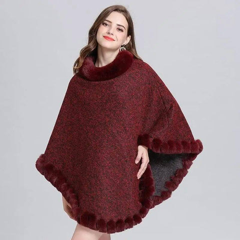 Knit sweater cloak shawl coat women-Red-2