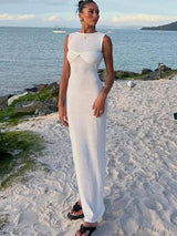 Knitted Ruched Maxi Dress - Sleeveless Summer Beachwear Maxi Dresses LOVEMI   