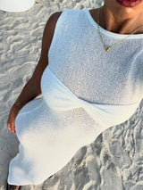 Knitted Ruched Maxi Dress - Sleeveless Summer Beachwear-WHITE-5