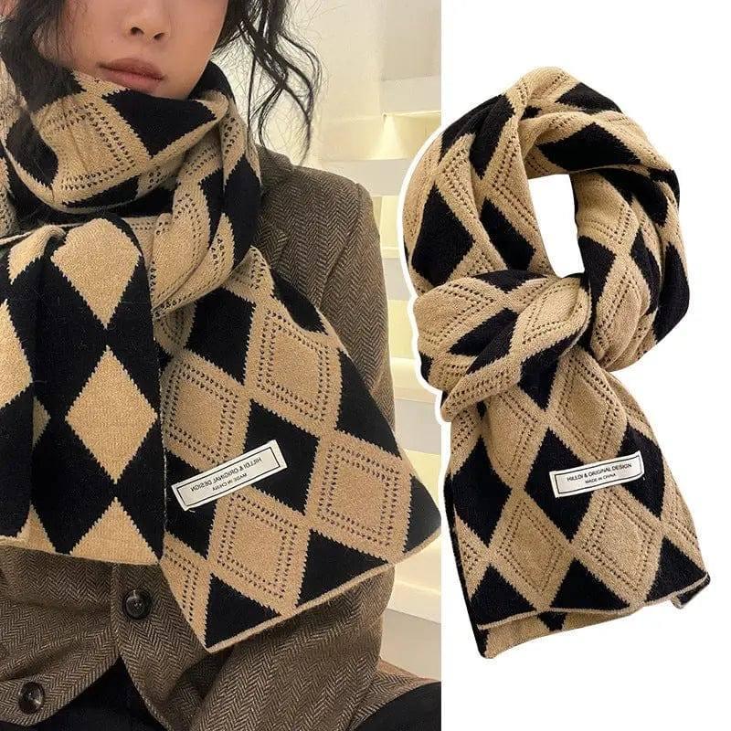 Knitted Wool Small Scarf Women Camel Rhombus Thickened Warm-1