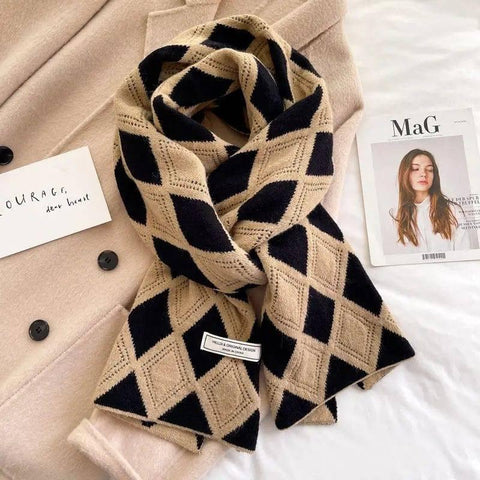 Knitted Wool Small Scarf Women Camel Rhombus Thickened Warm-Brown-11