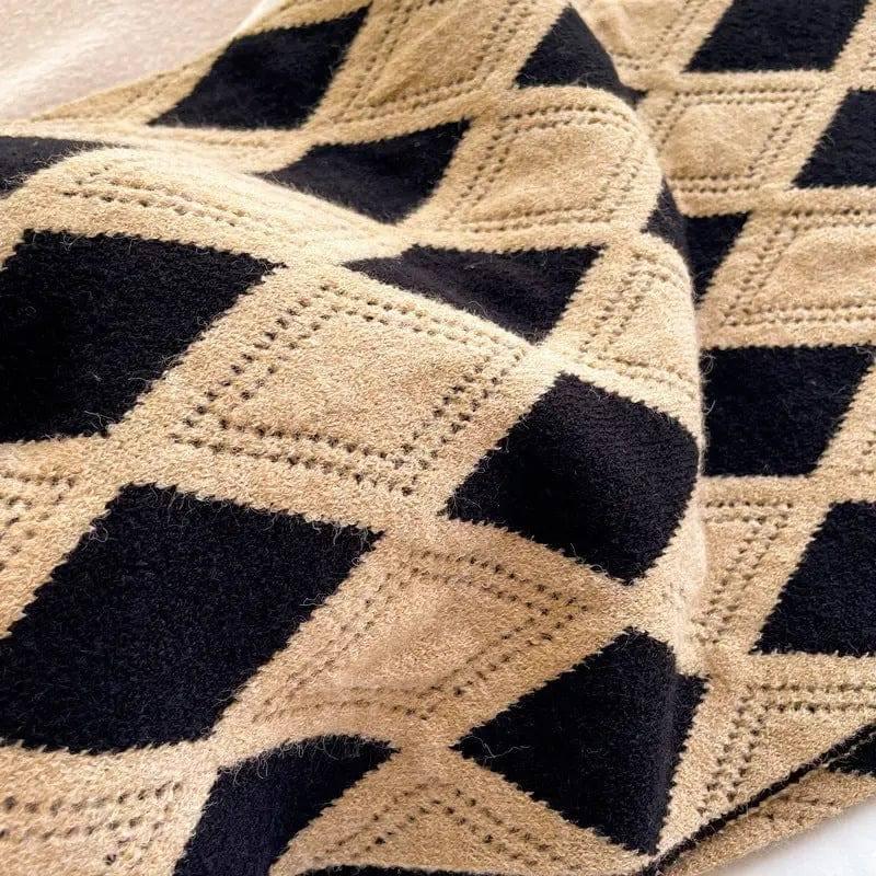 Knitted Wool Small Scarf Women Camel Rhombus Thickened Warm-2