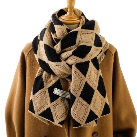 Knitted Wool Small Scarf Women Camel Rhombus Thickened Warm-4