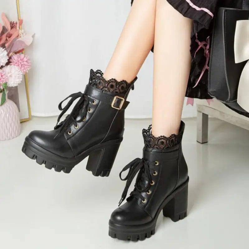 Lace Ankle Boots Lace-up Square Heeled Shoes Women White-3