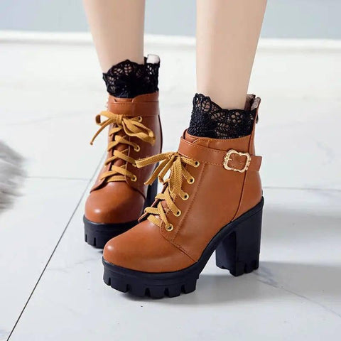 Lace Ankle Boots Lace-up Square Heeled Shoes Women White-4