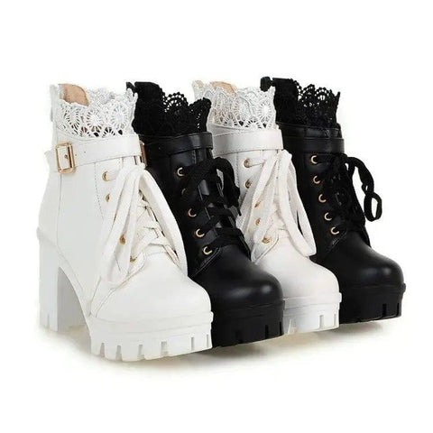 Lace Ankle Boots Lace-up Square Heeled Shoes Women White-5