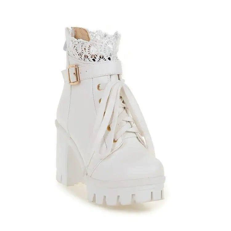 Lace Ankle Boots Lace-up Square Heeled Shoes Women White-White-7
