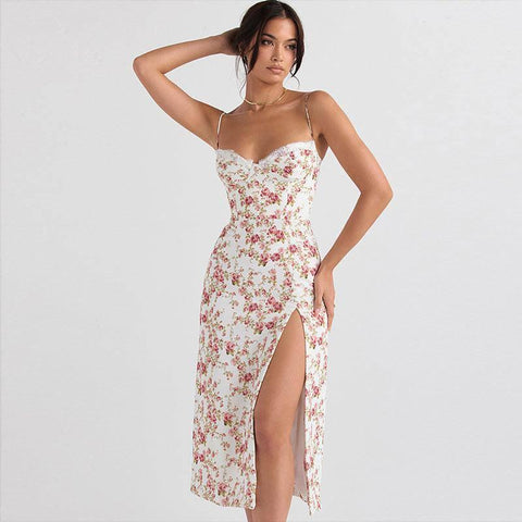Lace Flowers Print Long Dress Sexy Fashion Slit Suspender-4